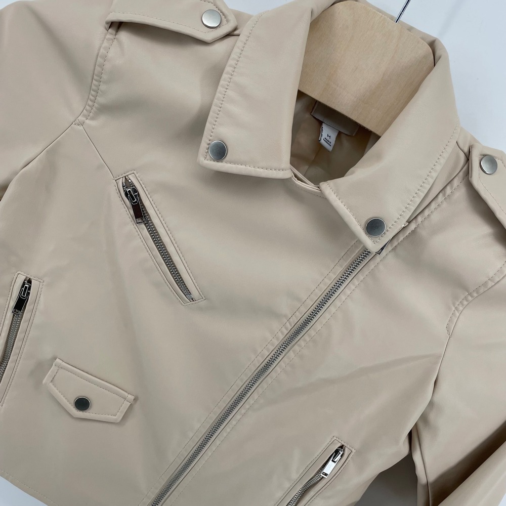Nine West Womens Beige Faux Leather Moto Biker Jacket Size M Neutral Zip Up